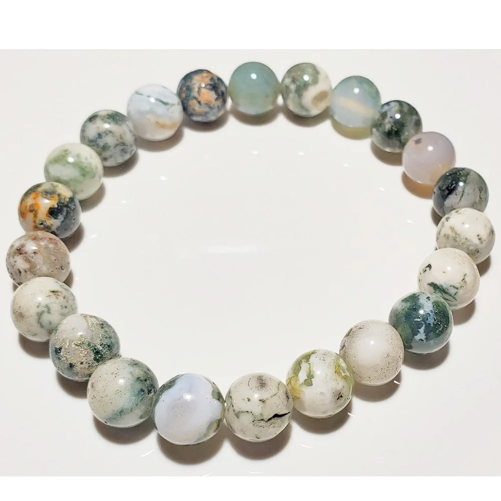 8mm White Moss Agate Beaded Elastic Stretch Bracelet