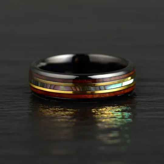 Black Ceramic Abalone Shell Koa Wood  Wedding Band 6MM