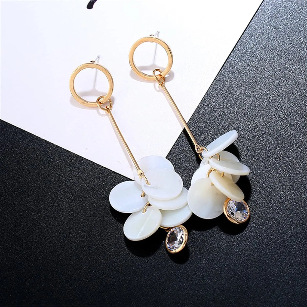 Cubic Zirconia & Shell Disks Drop Earrings