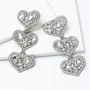 Cubic Zirconia & Silver-Plated Linked Heart Drop Earring