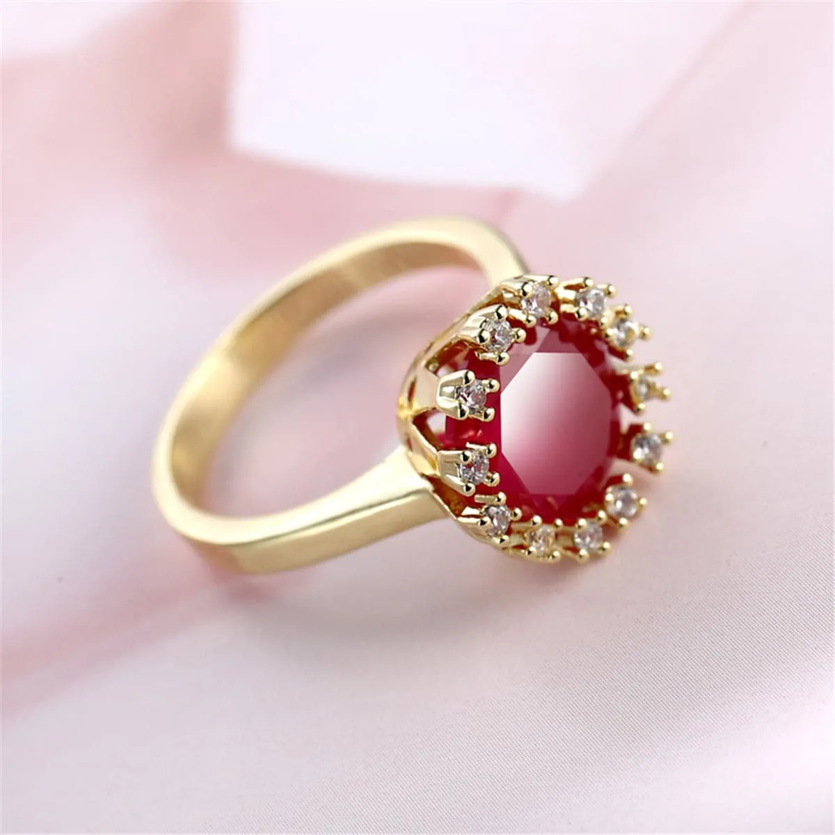 Red Corundum & Cubic Zirconia 18K Gold-Plated Floral Ring