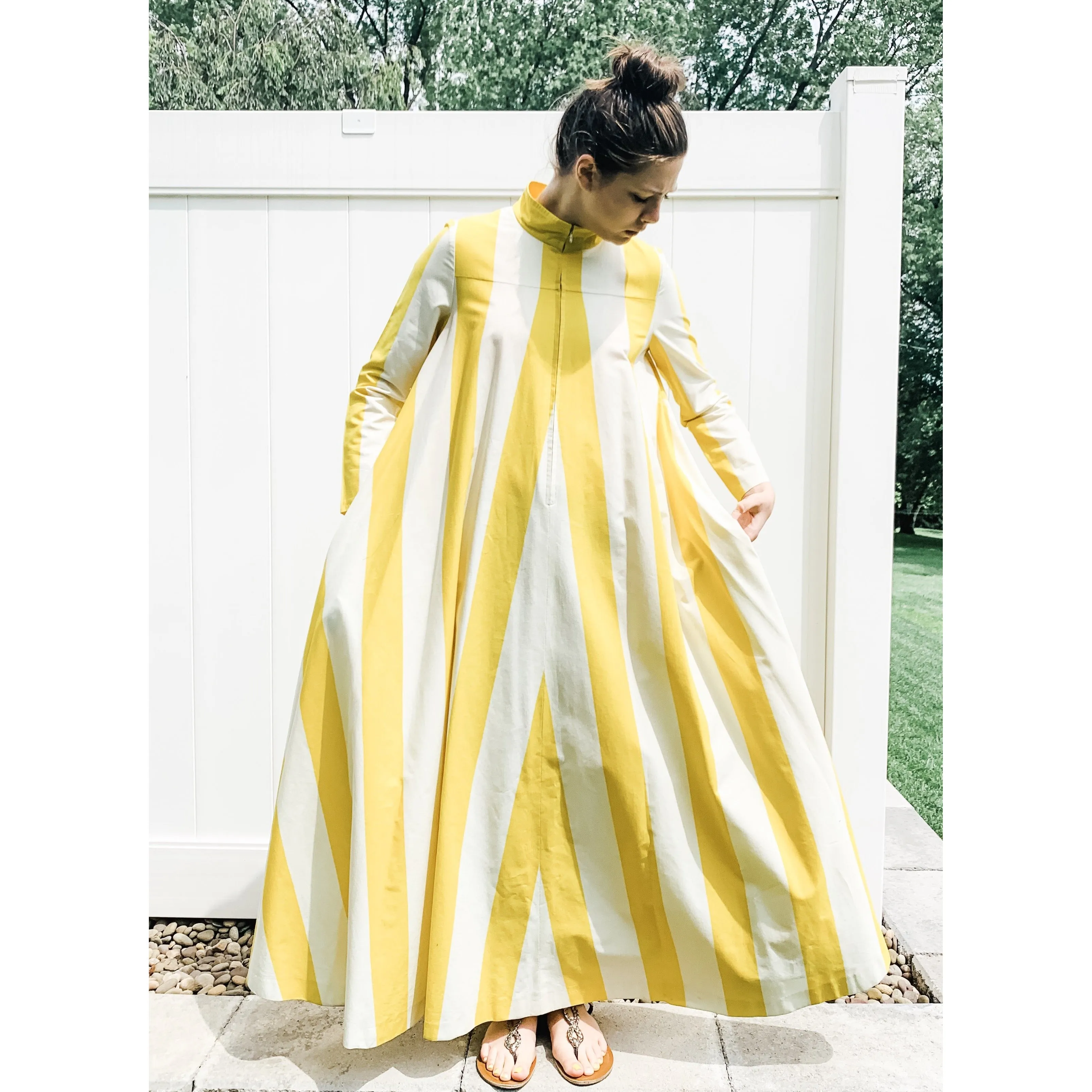 Vintage Vuokko Awning Stripe Gown, Iconic Style, Finnish Designer 1970s Yellow White